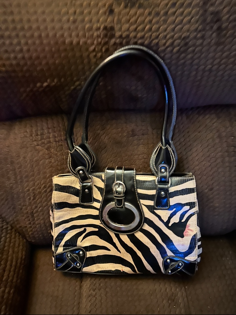 Zebra Print Faux Leather Satchel Handbag - Black & Cream